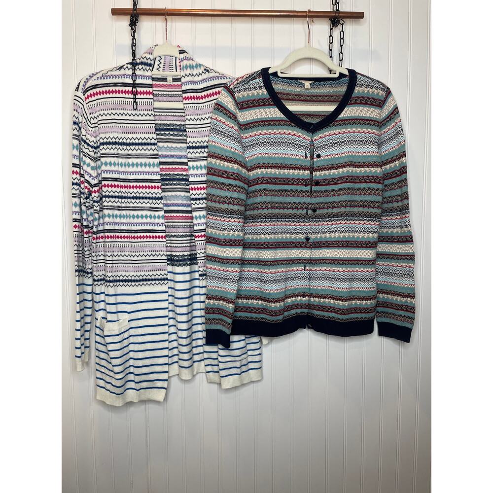 Talbots Cardigan Striped V-Neck Button & Open Layer Topper Lagenlook Bundle Sz M
